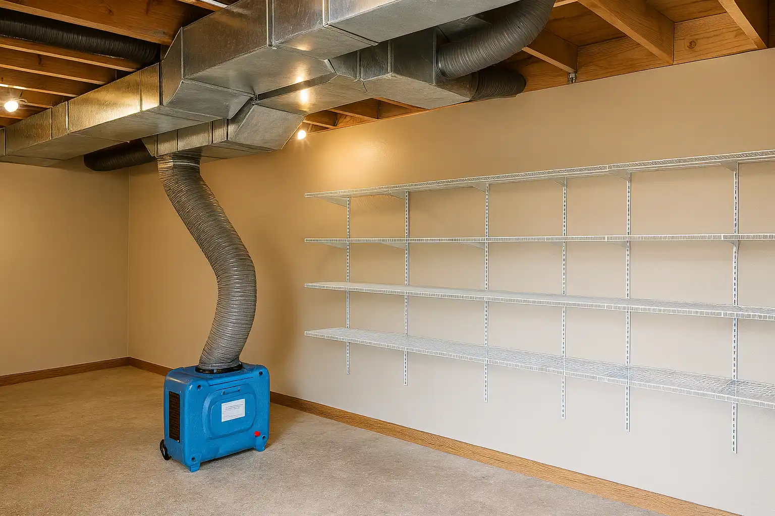 Air duct cleaning service equipment set up in a New Jersey home, with a large hose connected to the duct system to improve airflow and remove debris.
