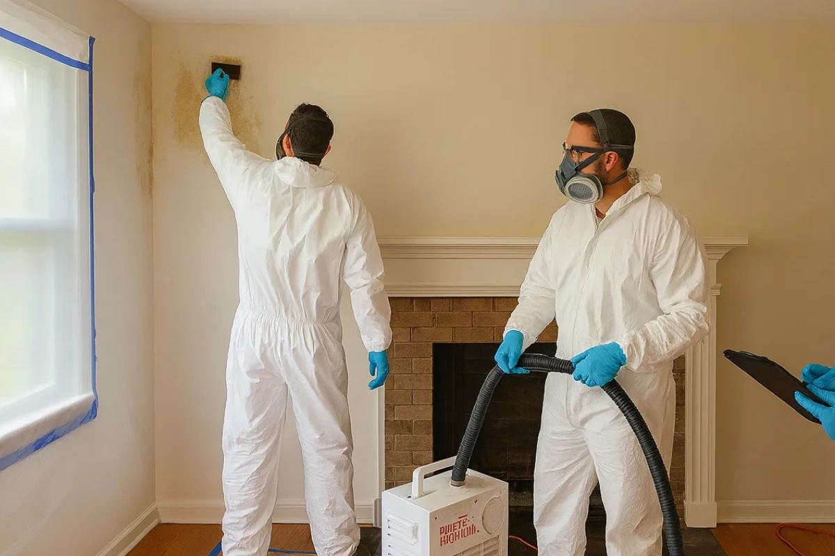 Asbestos testing service team in New Jersey examining a stained interior wall near a fireplace to identify potential asbestos particles.