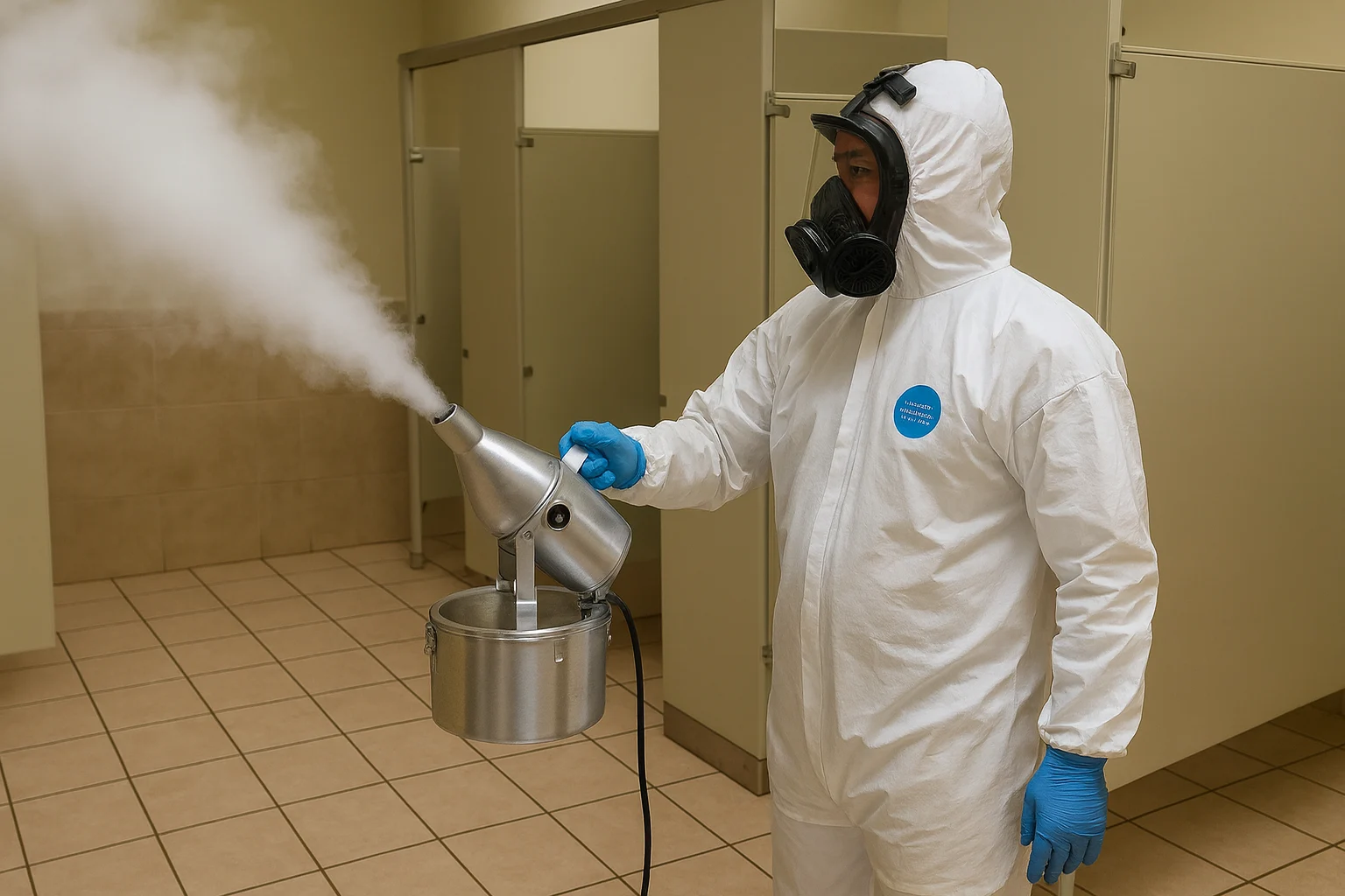 Technician performing asbestos testing service in a New Jersey restroom using protective gear and fogging equipment to assess air quality.