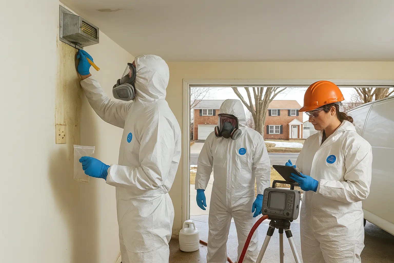 Certified asbestos testing technicians in New Jersey examining a wall vent and collecting surface samples to check for asbestos-related hazards.