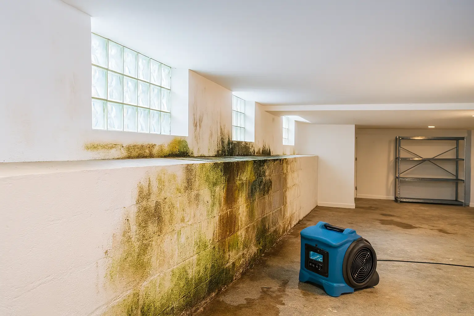 Basement water cleanup in New Jersey with walls opened for drying and a commercial dehumidifier removing moisture after flooding.