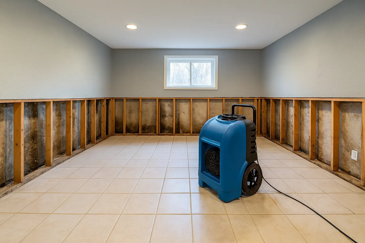 Severe mold and moisture damage being addressed during basement water cleanup in a New Jersey home, with air mover equipment drying saturated walls.