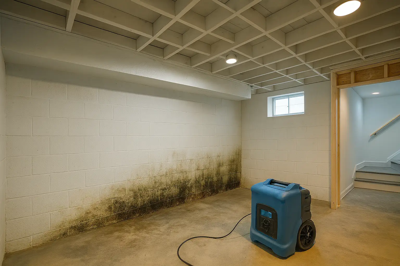 Professional basement water cleanup in New Jersey shown with structural drying equipment restoring block walls after moisture removal.