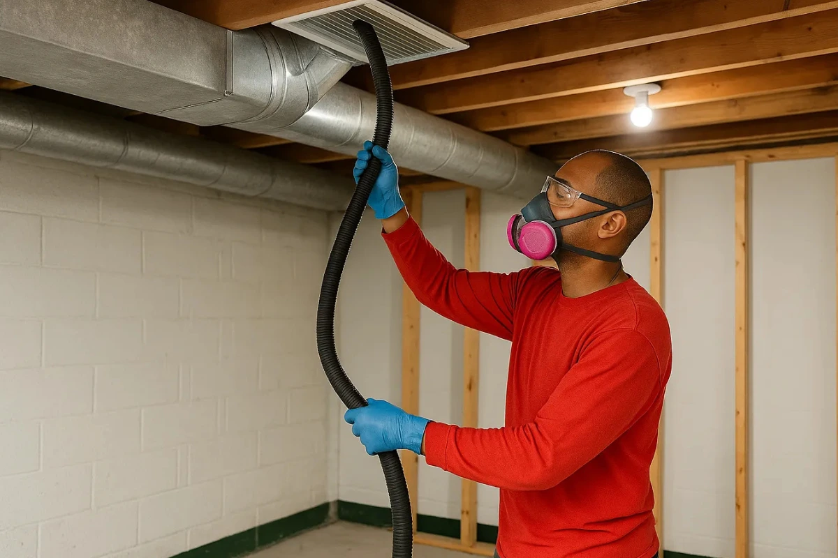Technician performing dryer vent cleaning in a New Jersey basement, removing lint buildup from interior ductwork to improve airflow and safety.