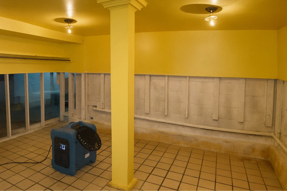 Basement area with exposed lower walls and a commercial air mover running to dry moisture after emergency water extraction in New Jersey.