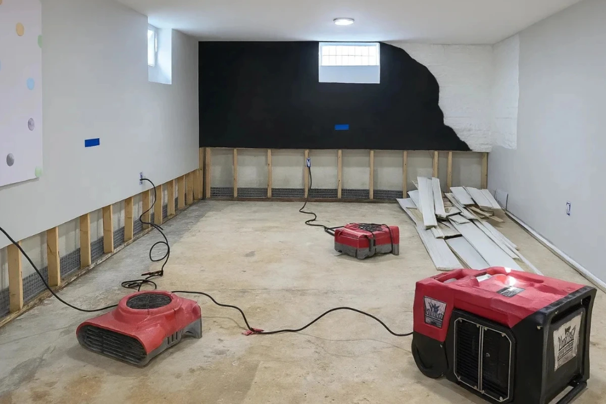 Basement with lower walls removed, drying fans, and dehumidification equipment operating after emergency water extraction in New Jersey.