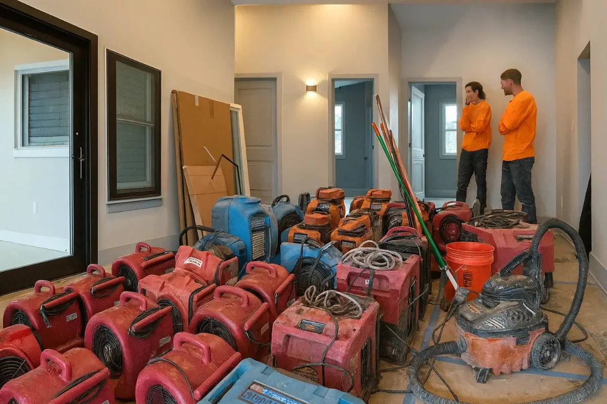 Large collection of professional drying and extraction equipment staged inside a home as a crew prepares for emergency water extraction in New Jersey, NJ.