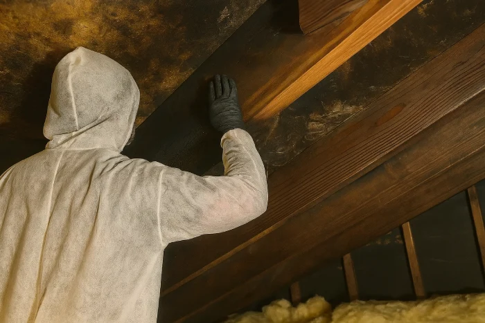 Technician performing a fire damage restoration inspection in a New Jersey attic, checking burned rafters and soot-covered surfaces for structural safety.