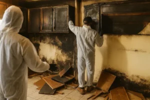 Fire damage restoration team in New Jersey removing charred kitchen cabinets and assessing smoke and soot damage after a severe home fire.
