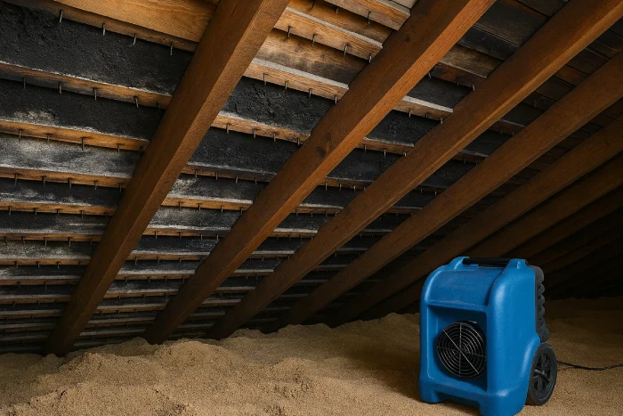 Smoke-damaged attic undergoing fire damage restoration in New Jersey, with drying and ventilation equipment helping clear soot and moisture.