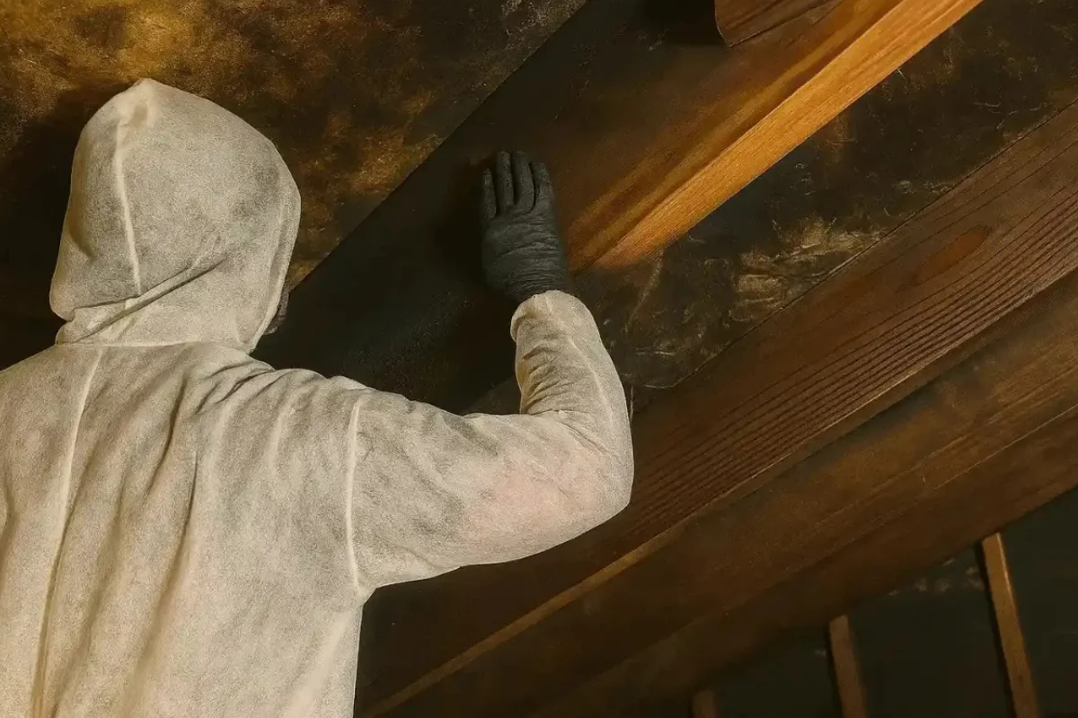 Restoration specialist inspecting and cleaning mold damage in an attic during fire, mold, and water restoration services in New Jersey.