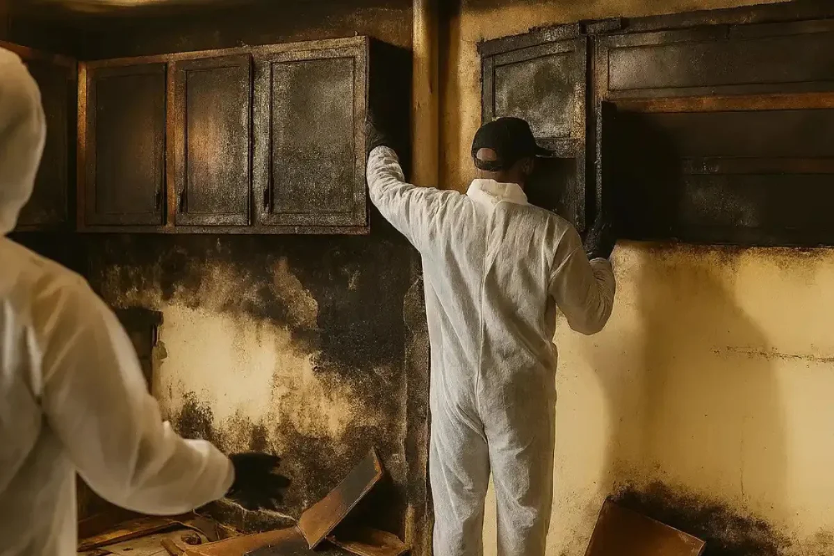 Technicians performing fire, mold, and water restoration in a New Jersey kitchen, removing soot damage and mold growth after a residential fire.