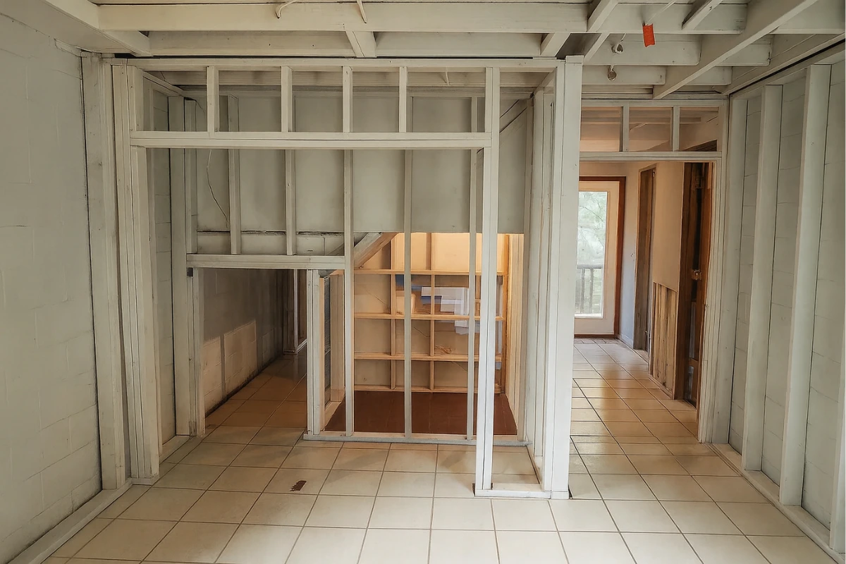 Gutted basement with exposed framing, tiled floors, and unfinished walls after water damage, showing a space prepared for flood cleanup in New Jersey.