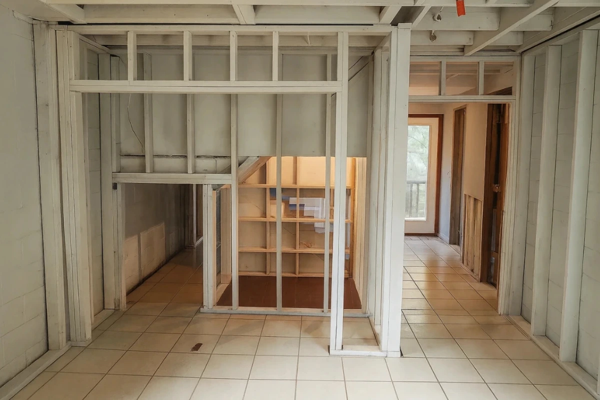 Partially gutted basement with exposed framing and tile flooring during structural repairs following flood cleanup in New Jersey.