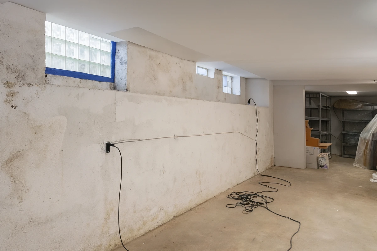 Basement with stained concrete walls, moisture damage, and exposed wiring, showing conditions that may require professional flood cleanup in New Jersey.