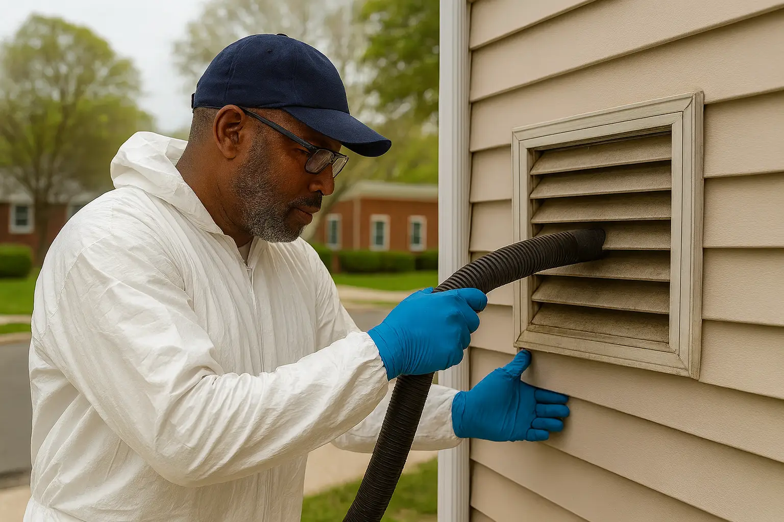 Technician performing HVAC cleaning on an exterior home vent in New Jersey, using a vacuum hose to remove built-up dust and improve airflow.