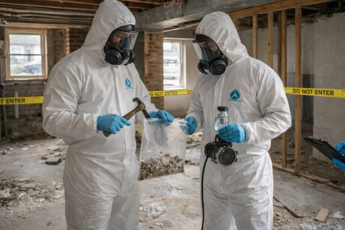 Technicians collecting material samples during professional lead testing in a New Jersey property to identify potential lead contamination.