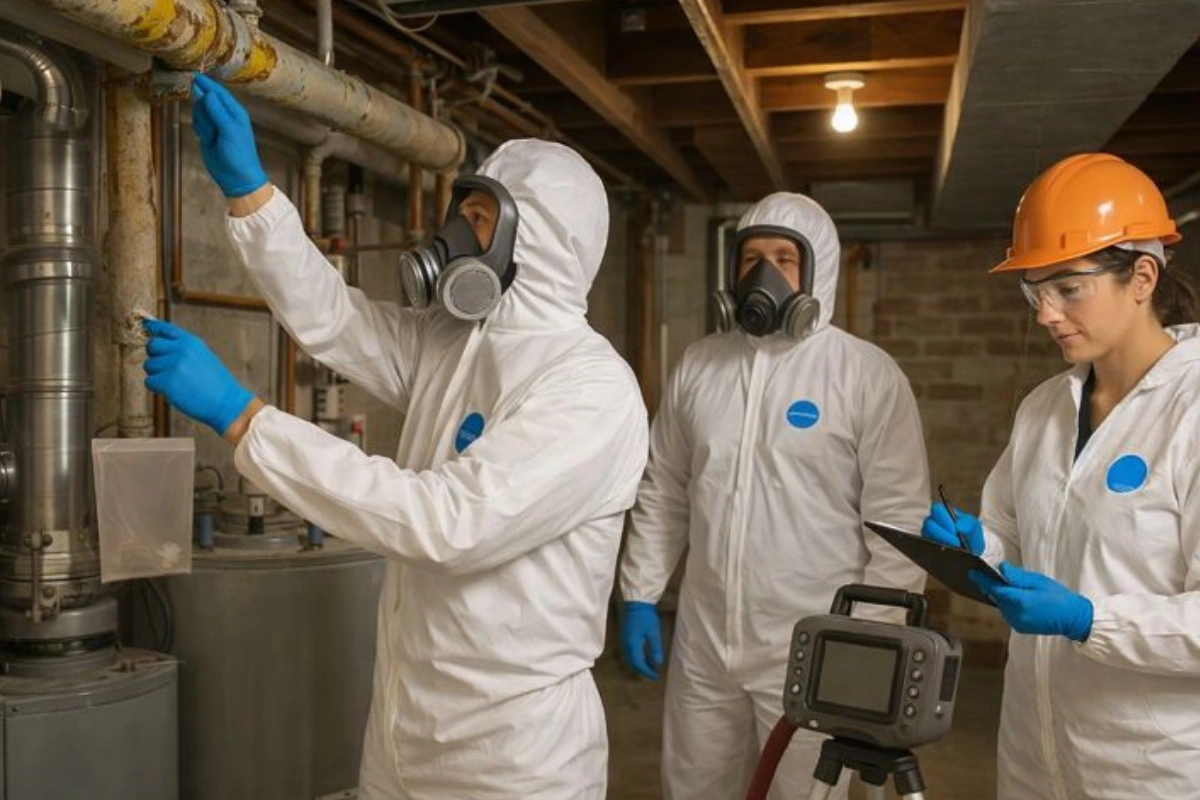Lead testing professionals inspecting plumbing and mechanical systems in a New Jersey building to check for lead exposure risks.