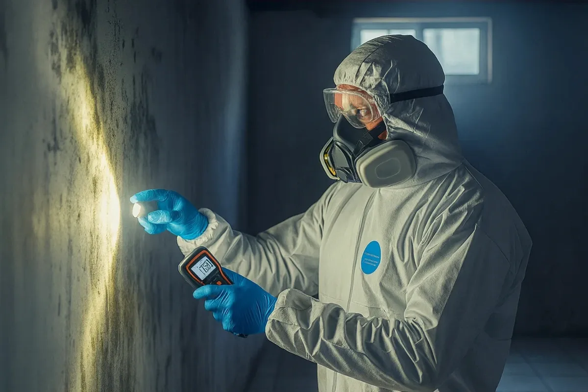 Technician performing moisture mapping on a basement wall in New Jersey using diagnostic tools to identify hidden moisture and potential mold risk.