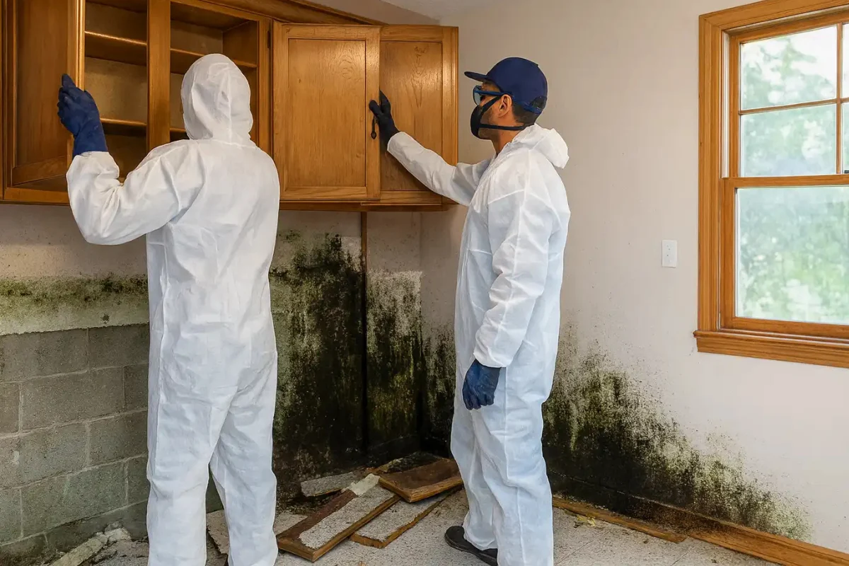 Restoration crew removing mold-damaged materials as part of a mold restoration remodeling project in a New Jersey basement.