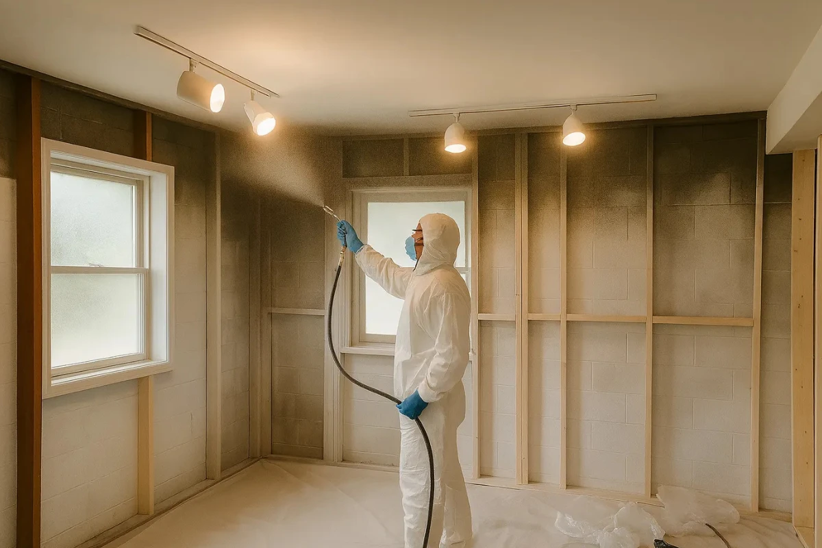 Technician applying treatment during mold restoration remodeling in a New Jersey home after damaged walls were removed to prepare for rebuilding.
