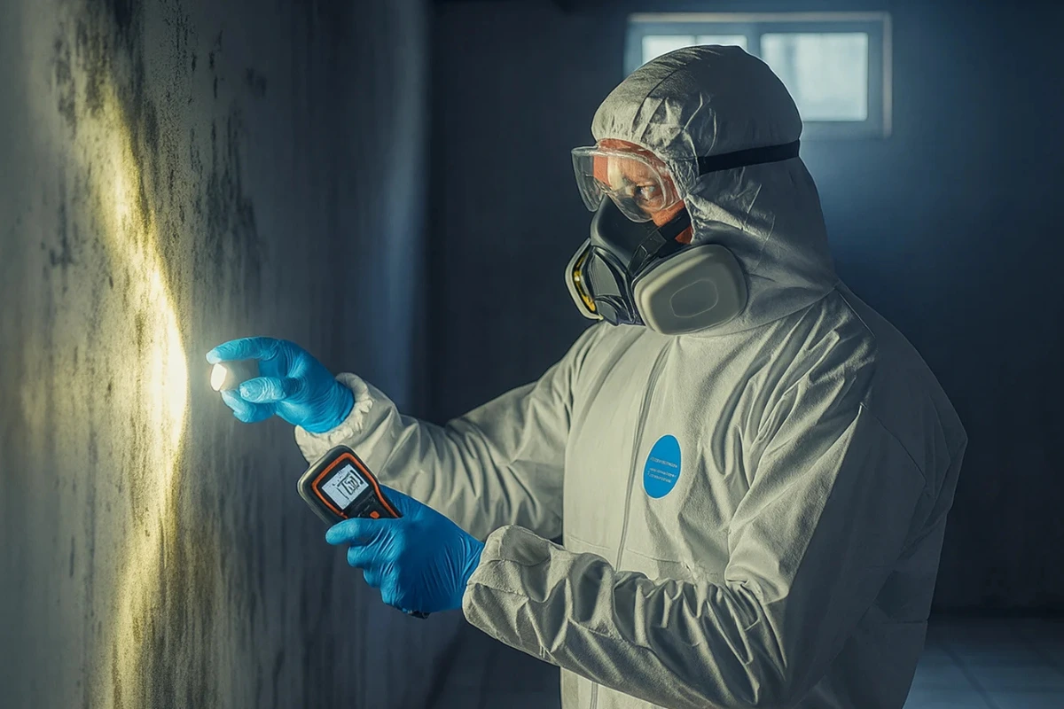 Specialist inspecting wall moisture and mold damage during mold restoration remodeling in New Jersey to ensure the space is safe before reconstruction.