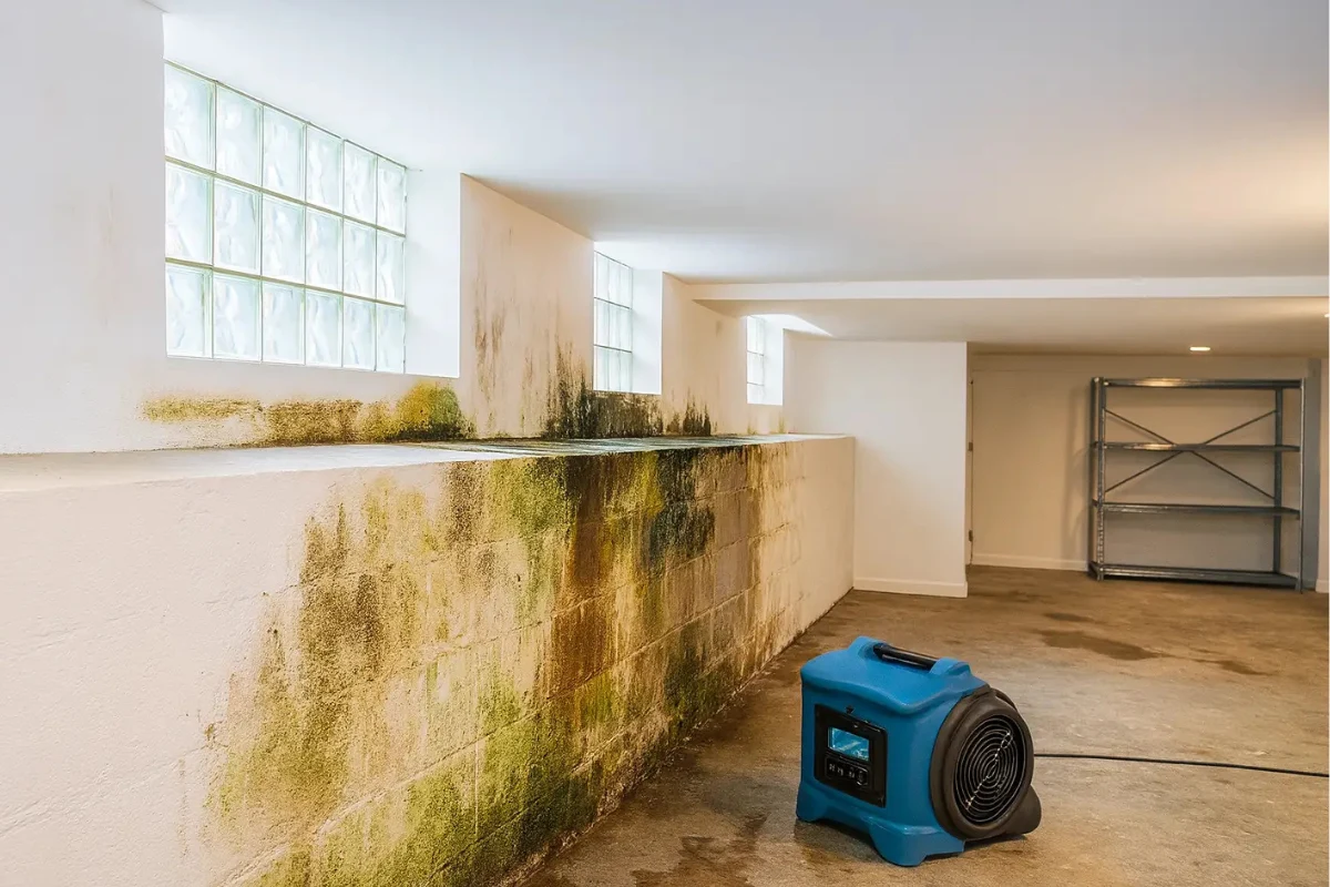 Basement wall with visible mold growth and moisture damage during mold testing in New Jersey, showing signs of water intrusion and professional drying equipment.