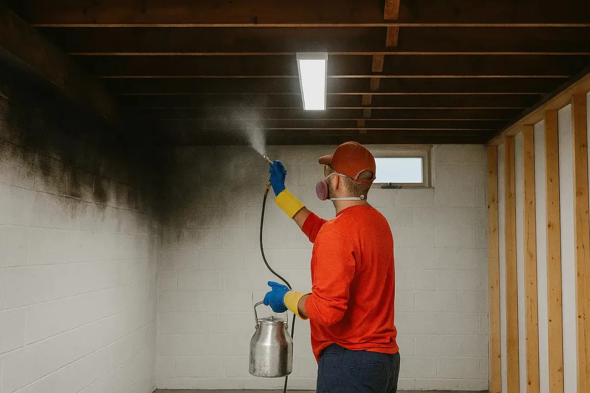Technician applying odor removal treatment to a basement wall in New Jersey to eliminate lingering smells caused by smoke, moisture, or mold.