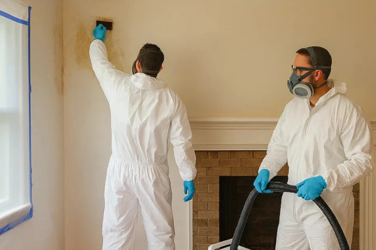 Technicians conducting radon testing and basement evaluation in a New Jersey home to identify elevated radon levels and safety concerns.