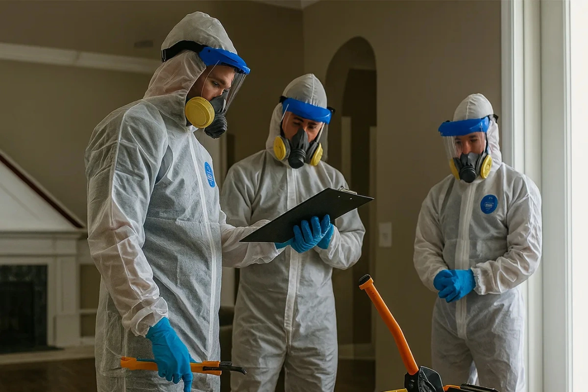 Radon testing professionals reviewing inspection data inside a New Jersey home to assess indoor air quality and potential radon exposure.