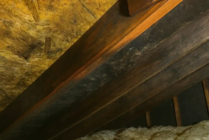 Smoke damage cleanup in a New Jersey attic showing soot-stained rafters and wood surfaces affected by fire and smoke residue.