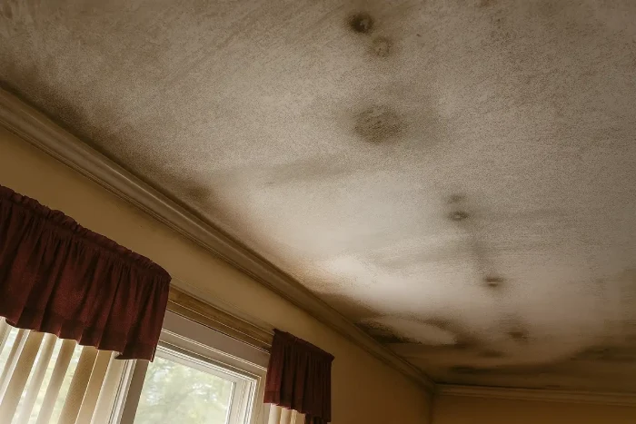 Ceiling with heavy soot and smoke staining in a New Jersey home undergoing smoke damage cleanup after fire and prolonged smoke exposure.