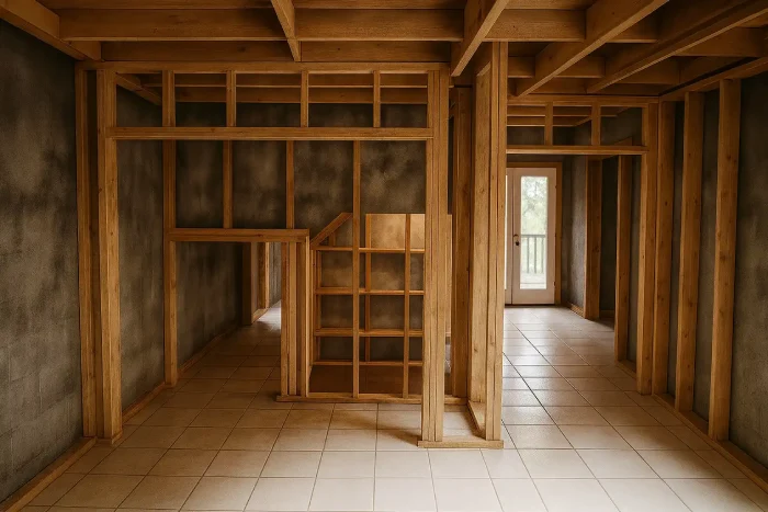 Interior framing and walls covered in soot during smoke damage cleanup in a New Jersey home, showing the extent of contamination before restoration.