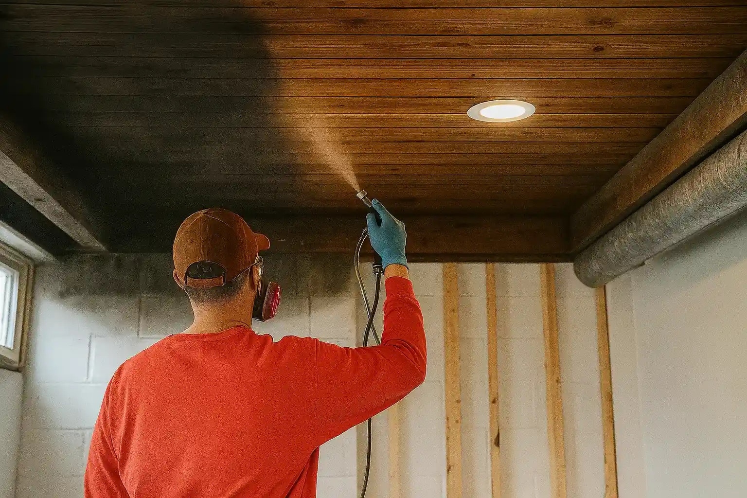 Worker applying soot removal treatment to a smoke-damaged wood ceiling in a New Jersey home, clearing dark residue from fire exposure.