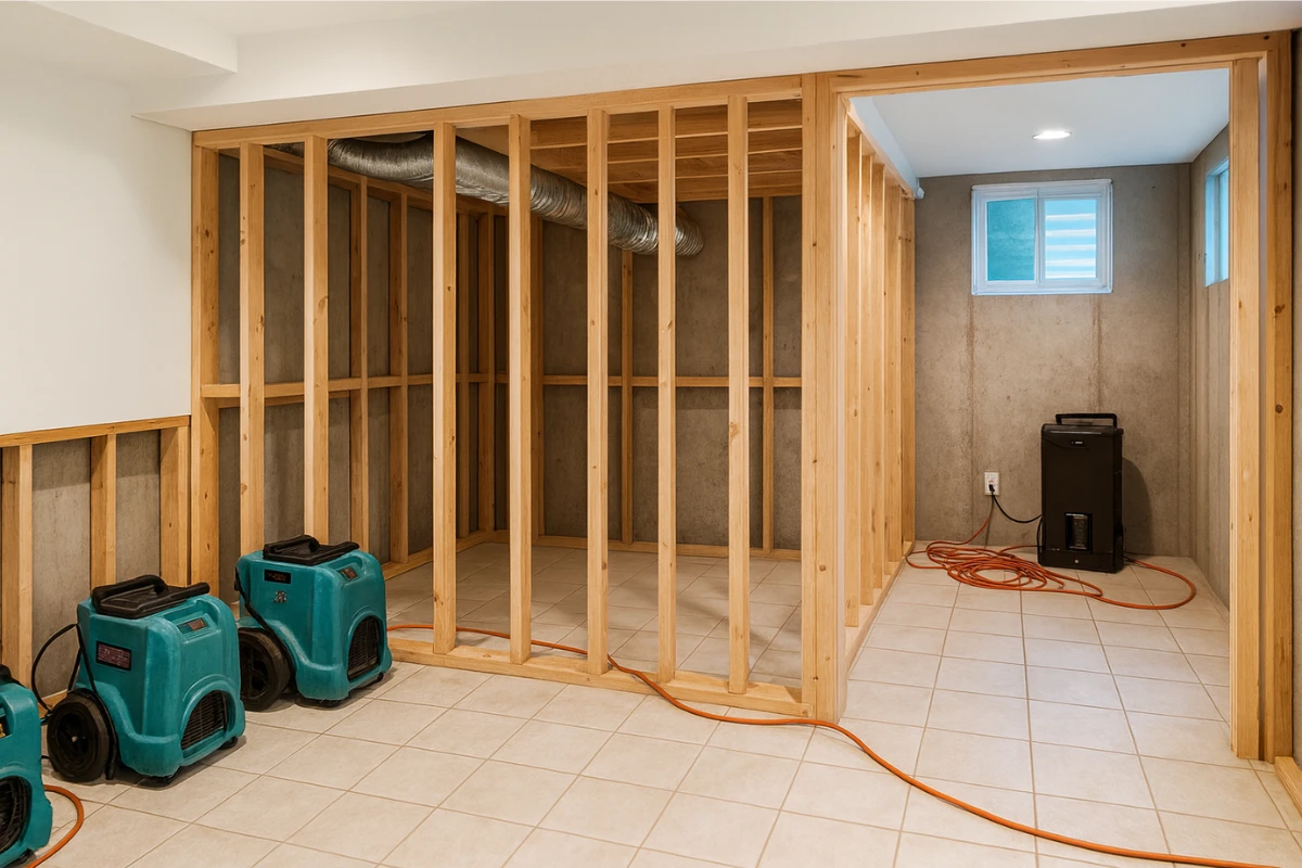 Basement with exposed framing, dehumidifiers, and air movers operating to remove moisture as part of structural drying during a restoration project in New Jersey.