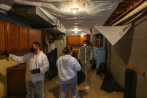 Crew in protective suits assessing and cleaning a damaged basement with exposed ceilings and debris during a water damage inspection in New Jersey.