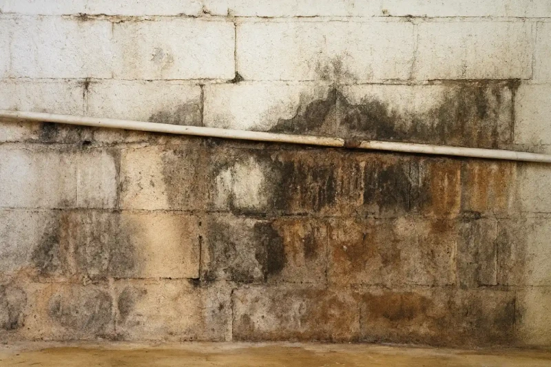 Basement block wall with heavy moisture staining and discoloration, showing conditions typically identified during a water damage inspection in New Jersey.