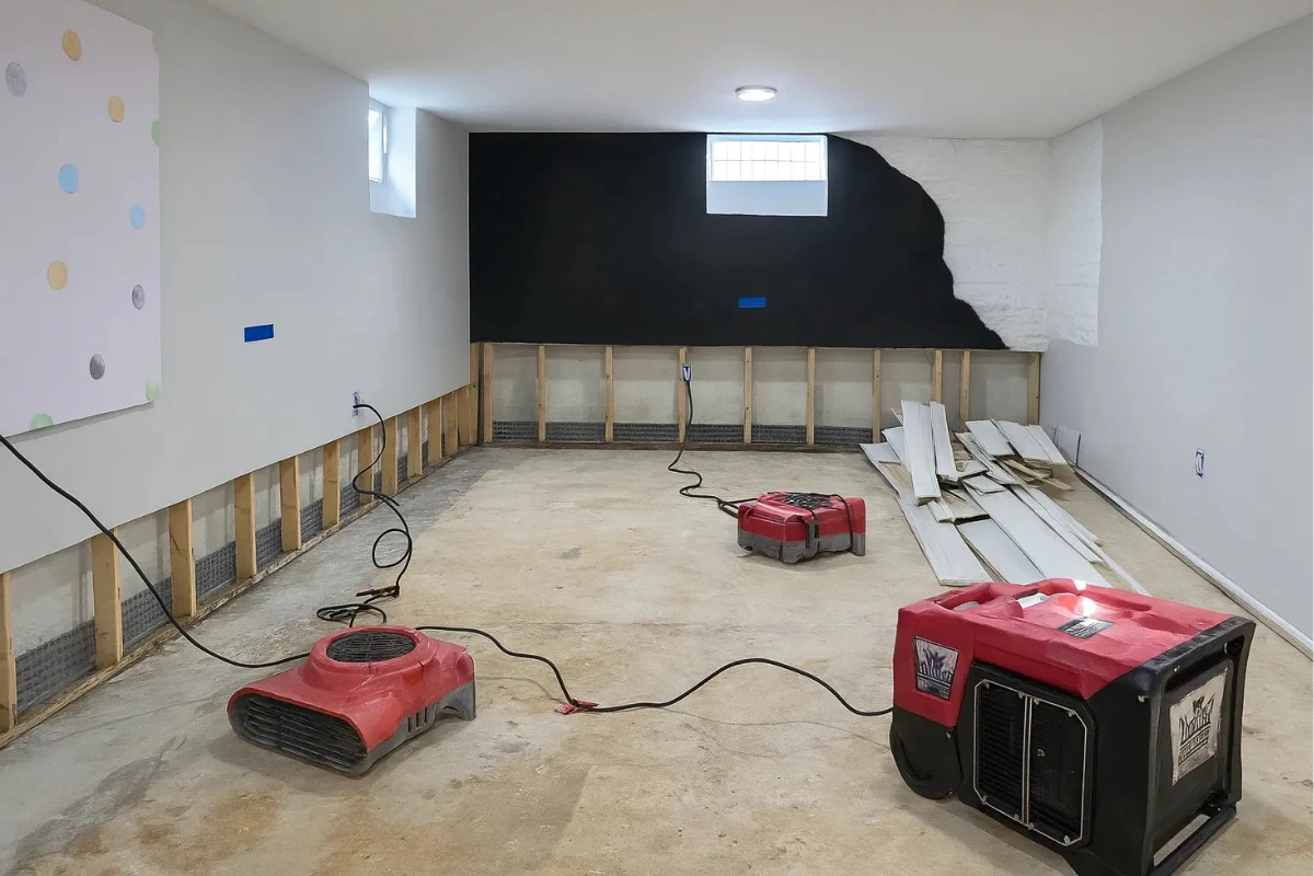 Basement with exposed lower walls, drying fans, and dehumidification equipment in use during a water damage restoration project in NJ.