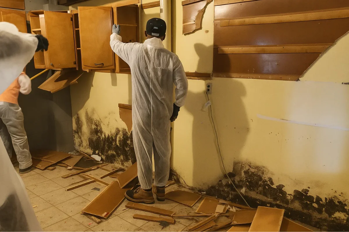 Crew removing damaged cabinets and addressing severe mold and moisture damage on a kitchen wall during a water damage restoration project in NJ.