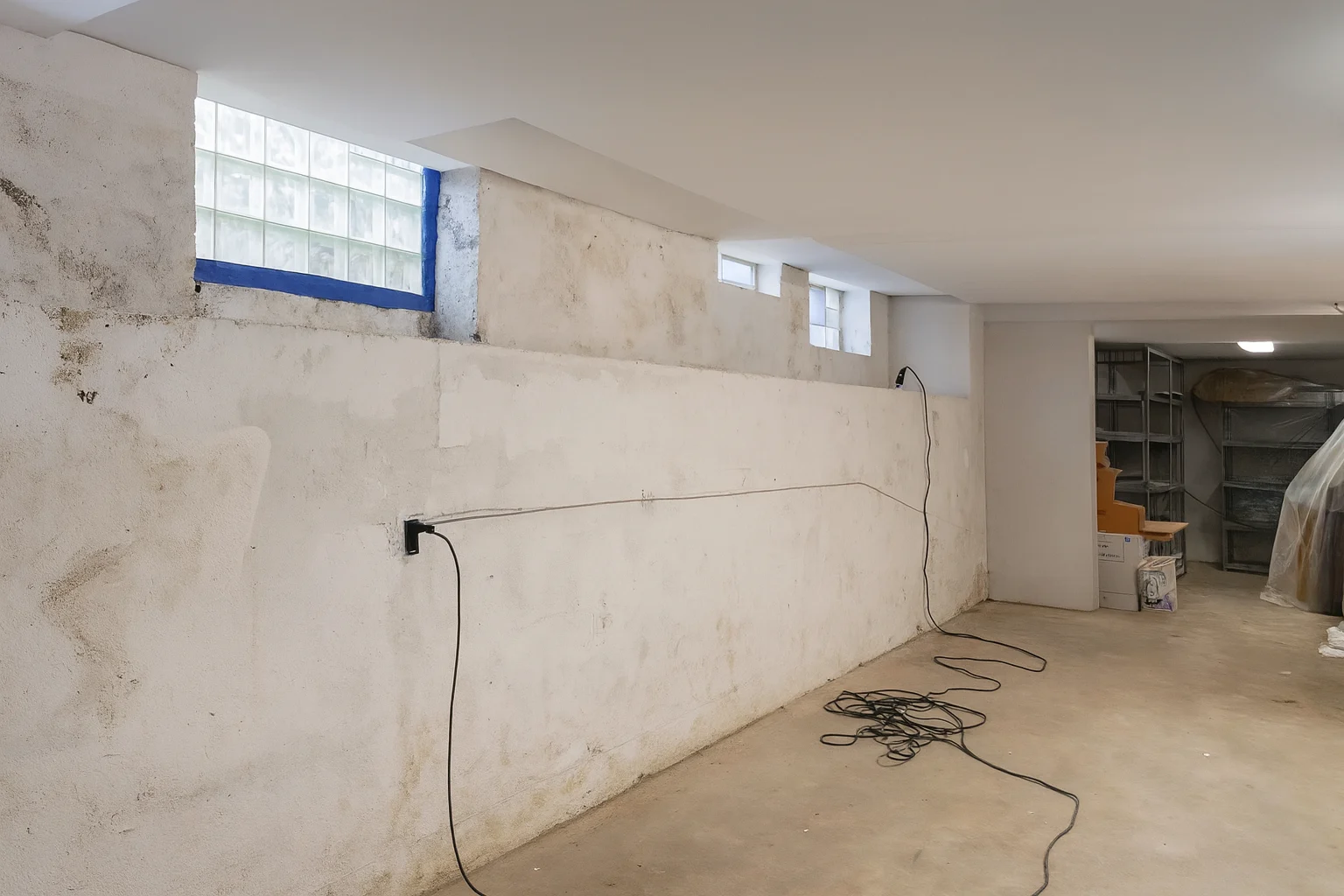 Basement with visible moisture staining and wall deterioration, illustrating conditions that may require water damage restoration service in NJ.