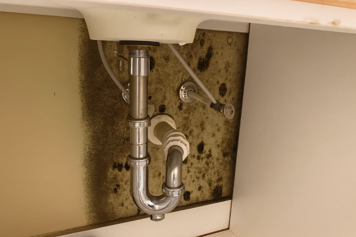 Under-sink plumbing with visible mold growth on the cabinet wall, illustrating moisture issues that require water mitigation in New Jersey.