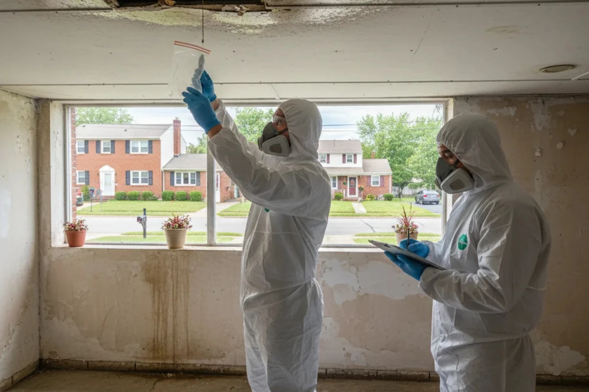 Technicians collecting an indoor water sample during professional water testing in a New Jersey home to check for contamination and moisture issues.